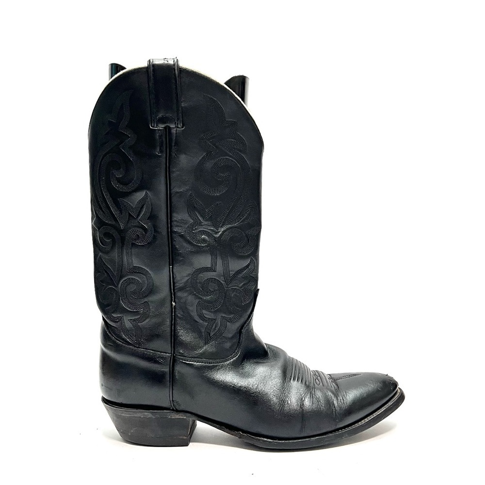 Vintage 1990s men's black leather mid calf pull on western cowboy boots